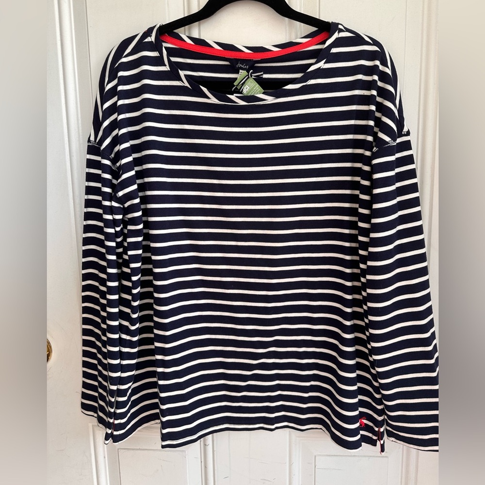 Joules Navy and Cream Striped Top with Red Detail